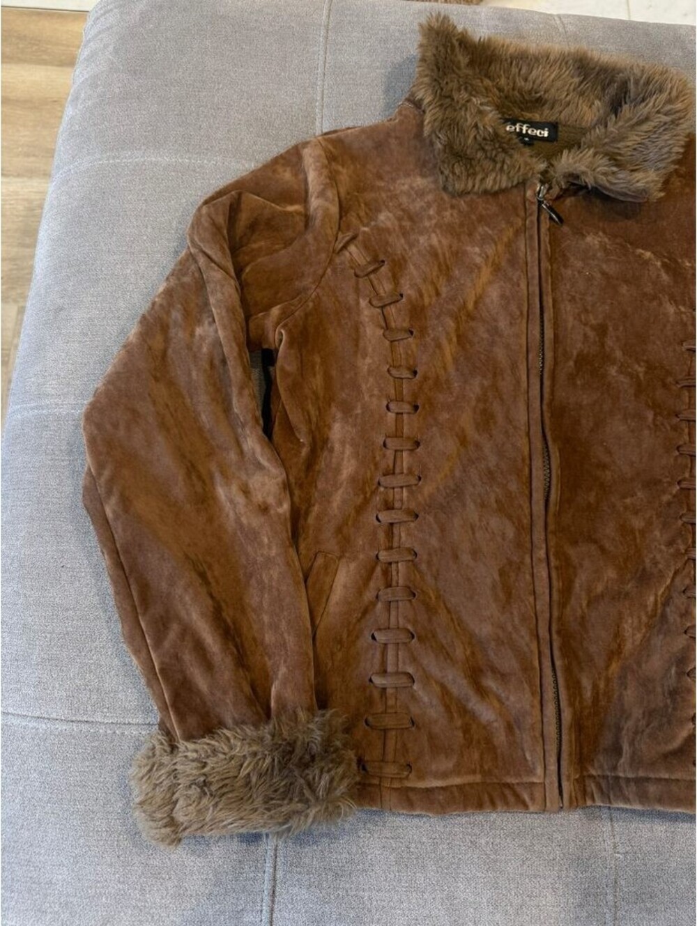 Effeci Brown Suede Leather Jacket Faux Fur Trim Y2K Boho M - Picture 3 of 7